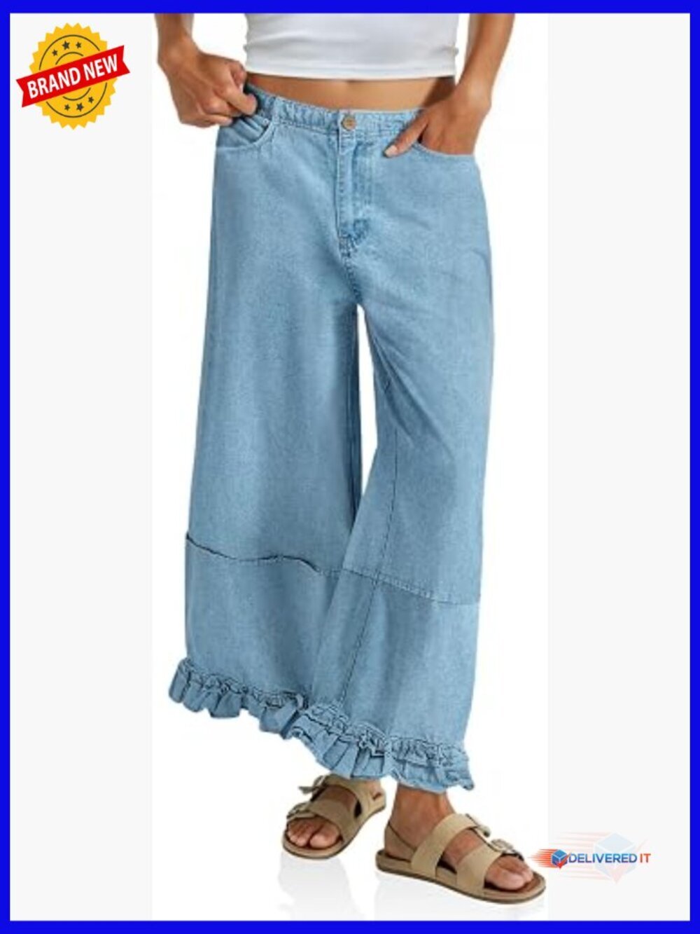 Ruffle Wide Leg Cropped Jeans High Waisted Baggy Denim with Pockets